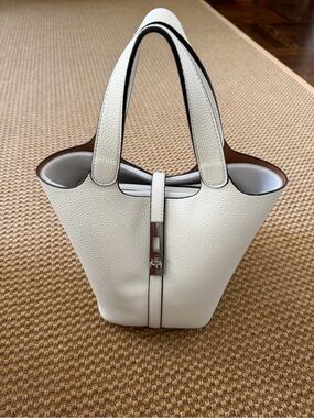 Ivory Pebbled Leather Tote Bag with Top Strap